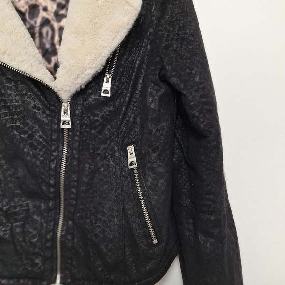 Guess Black Streetwear Embossed Faux Suede Soft Fur Animal Print Moto Jacket L - Picture 4 of 9